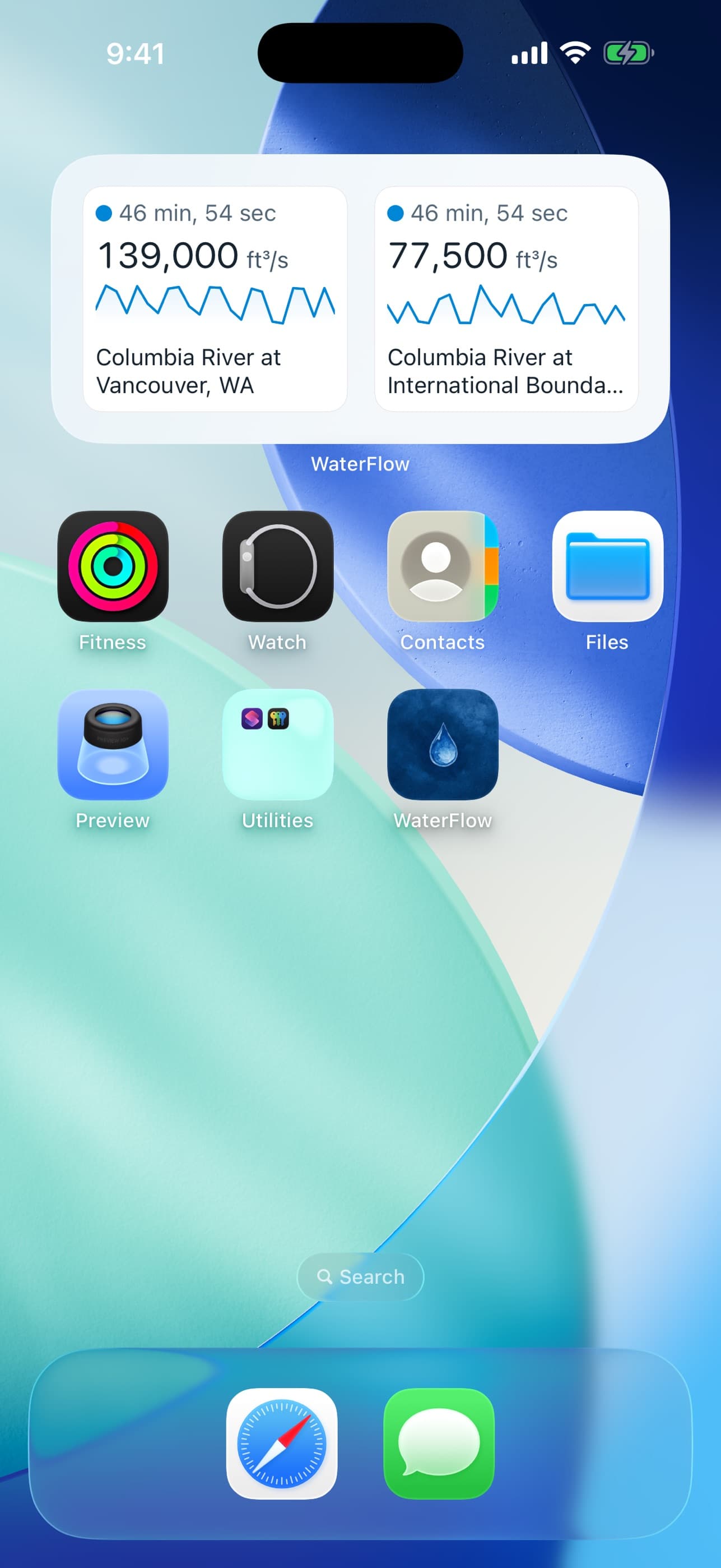 WaterFlow widget on an iPhone Home Screen showing live flows for two Columbia River gauges